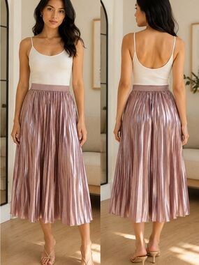 Metallic Rose Pleated Midi Skirt - Women